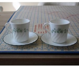 Corelle English Ivy Tea Cup and Saucer Set of 2 Swirl White Green Made in USA